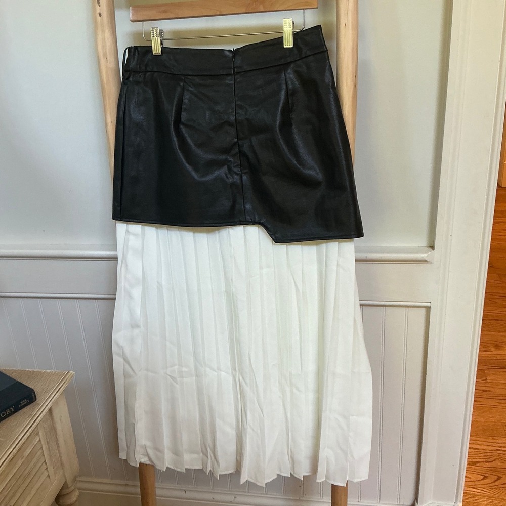 Commense Asymmetric Patchwork Faux Leather & Chiffon Pleated Maxi Skirt L New